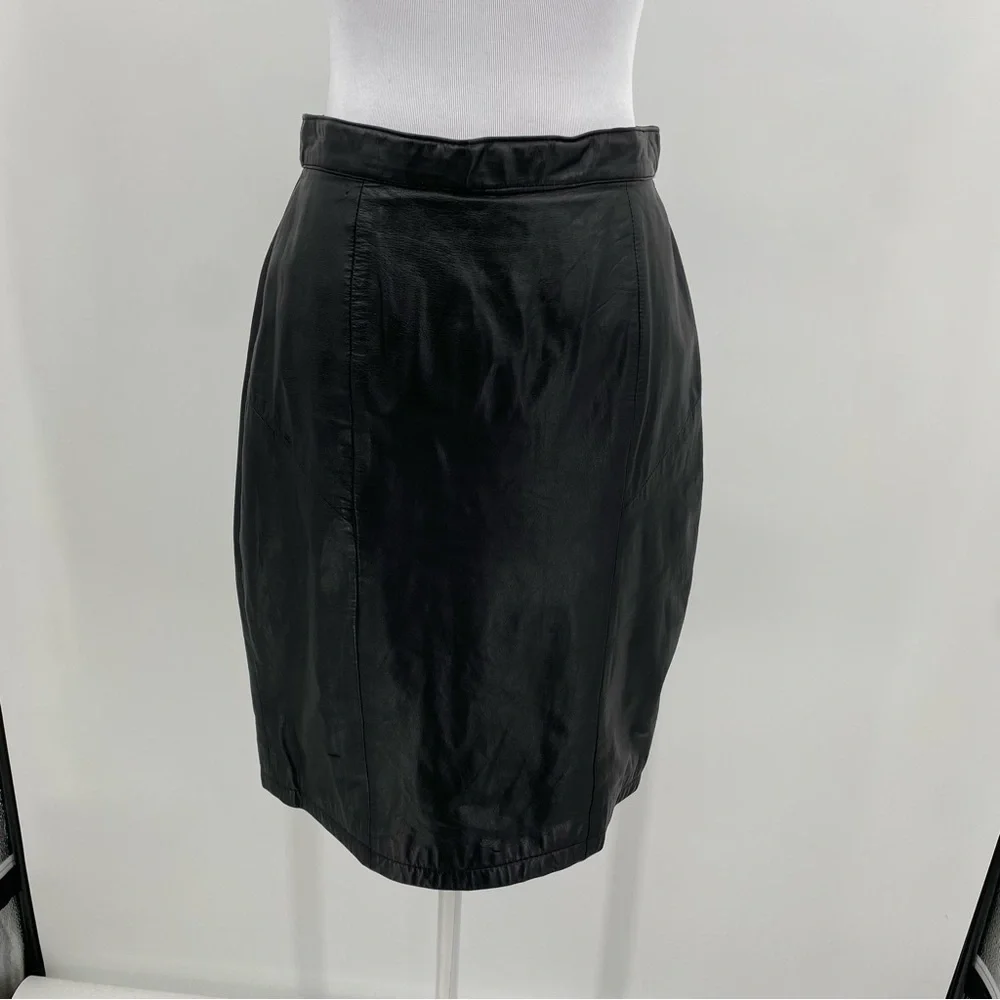 Tangu Vintage 80s Leather Skirt Size 9/10 Black Pencil Mobwife Goth Dance Snap‎